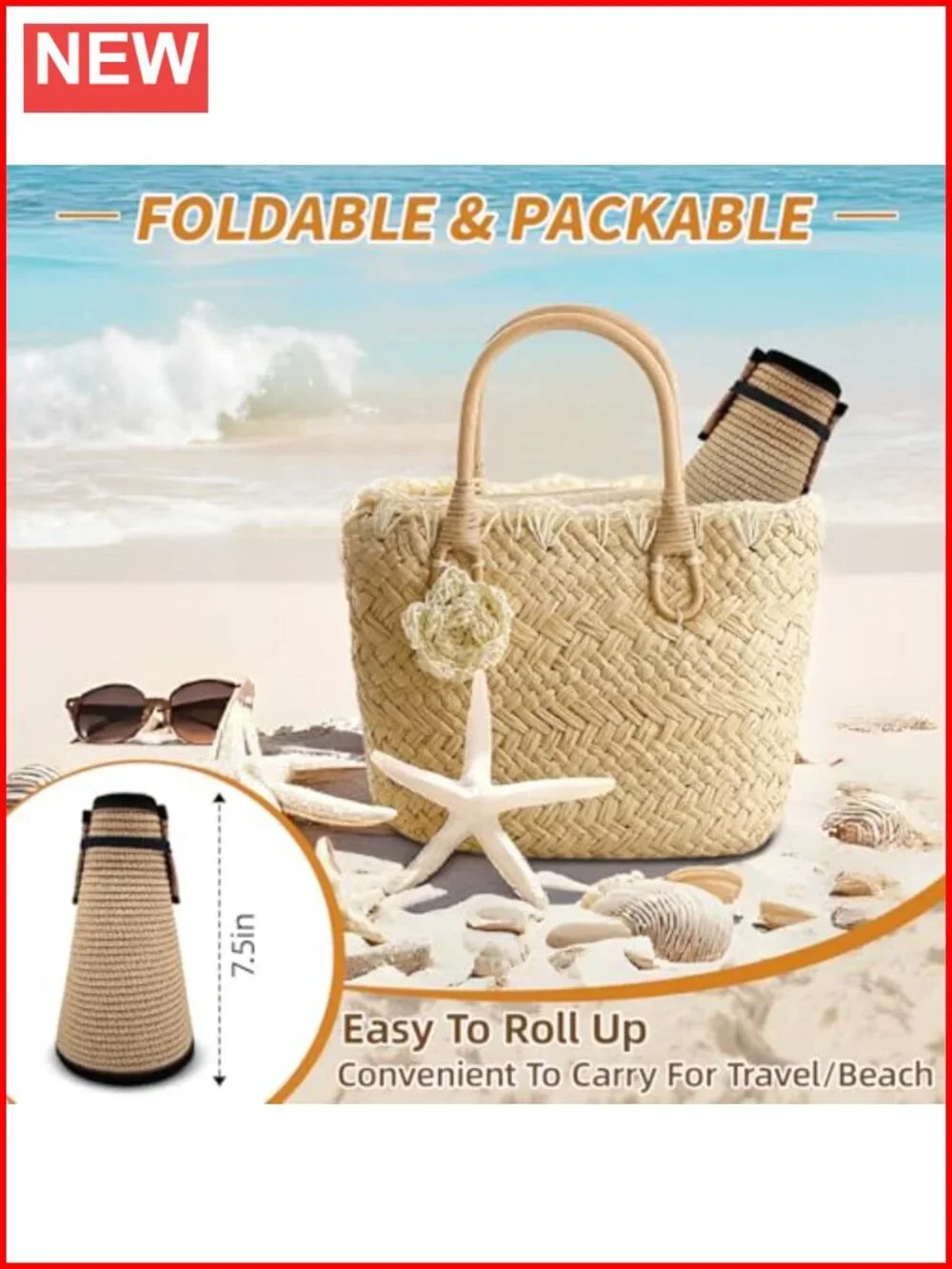 Wide Brim Straw Sun Visor Hat UPF 50+ Foldable Women's Summer Beach